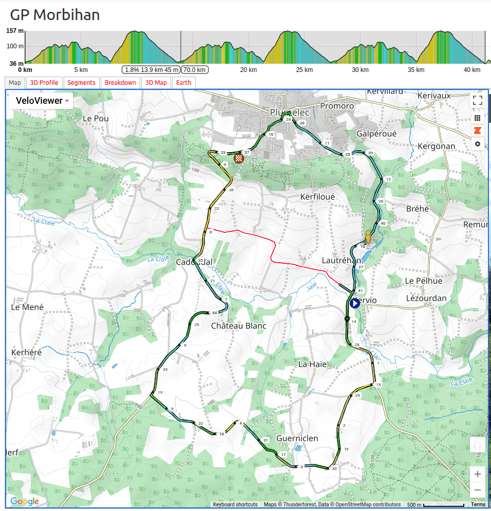 Map and elevation profile of the large Grand Prix du Morbihan circuit