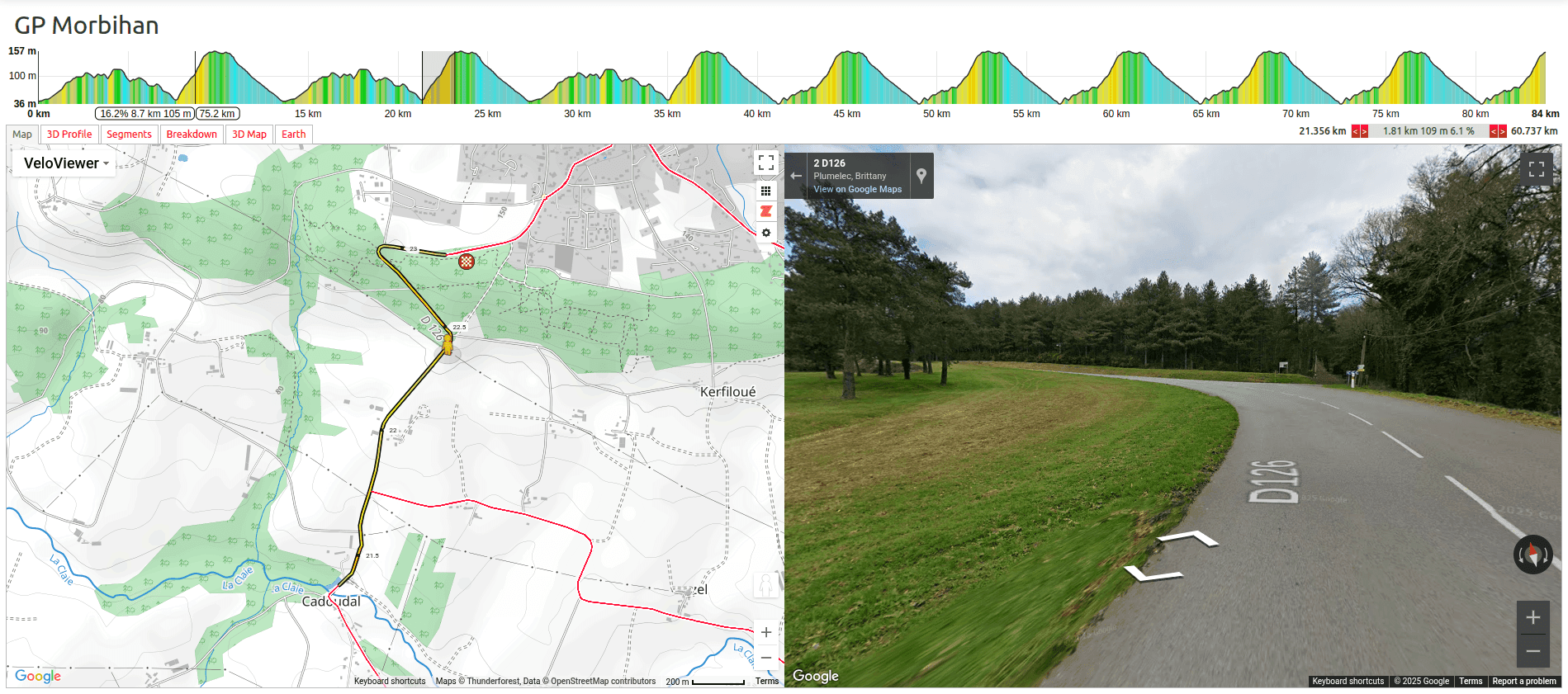 Map showing the Côte de Cadoudal climb used in the Grand Prix du Morbihan