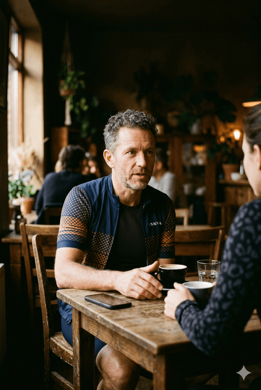 Coach and athlete in relaxed conversation