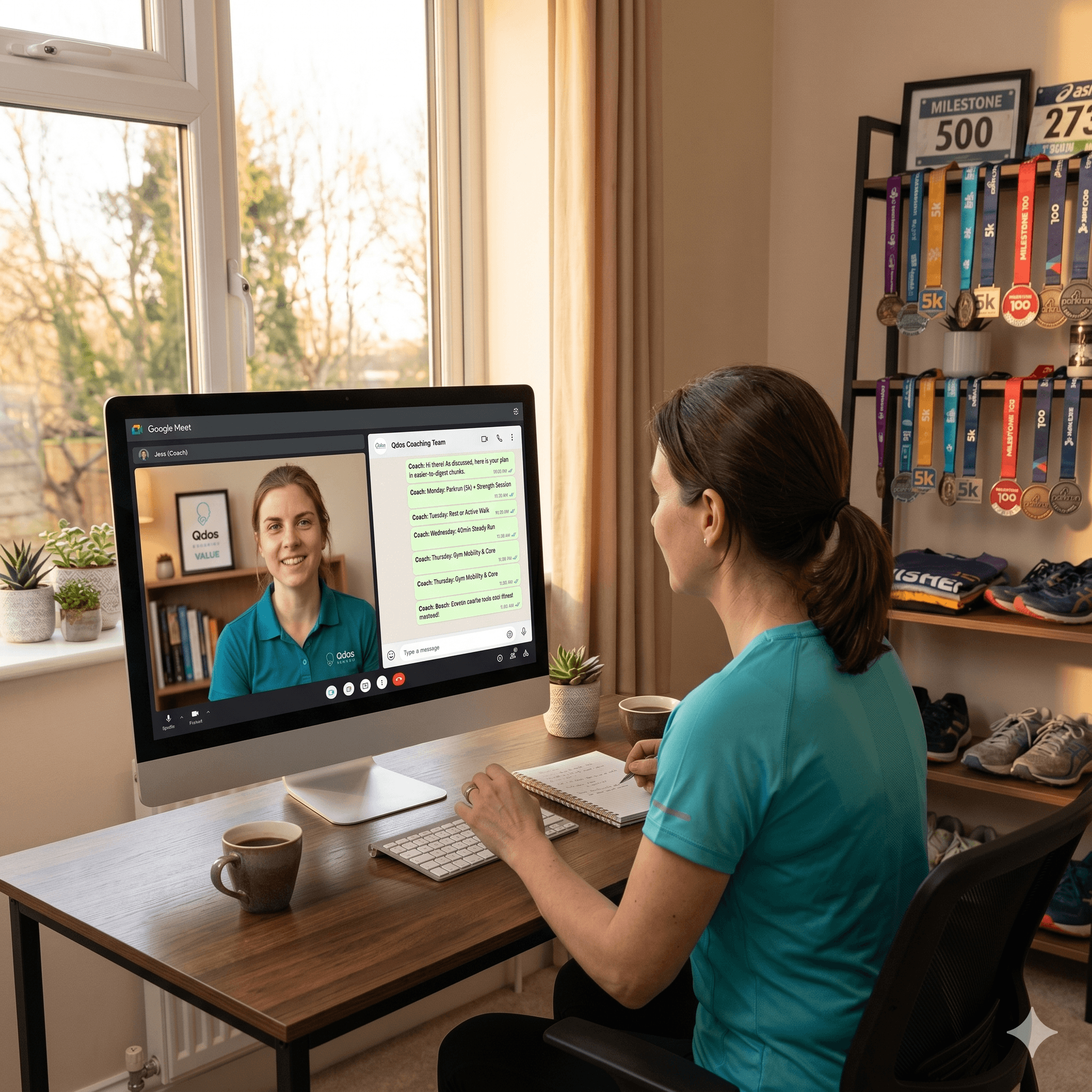Coach and client mid-conversation — everyday fitness companion.